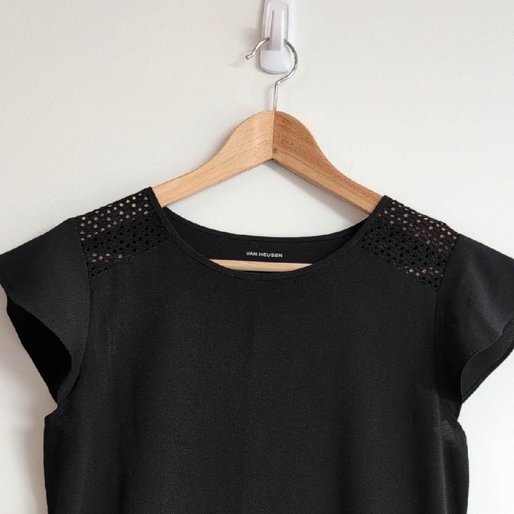 Van Heusen Black Top with Lace Shoulders & Flutter Cap Sleeve Size XS - Picture 2 of 6